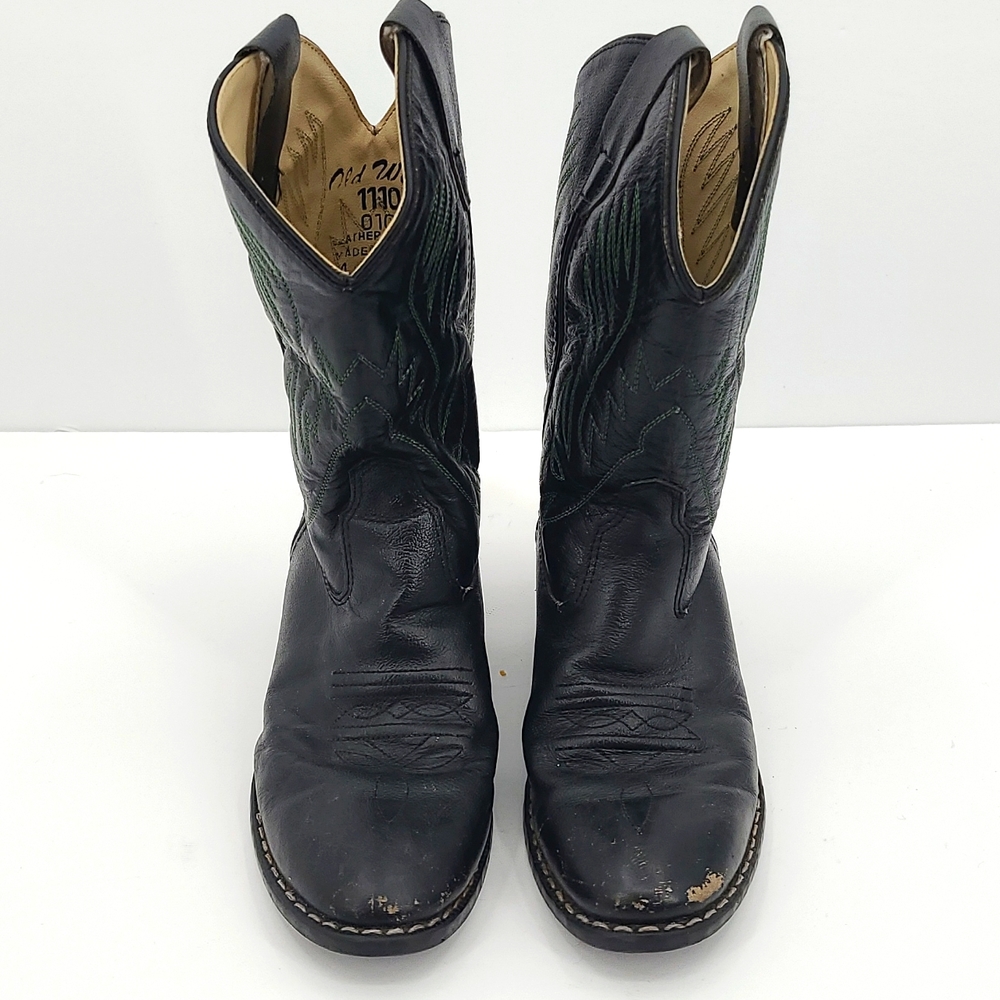 Old West 10-12 Black Green cowboy boots pull on farm play outdoor play